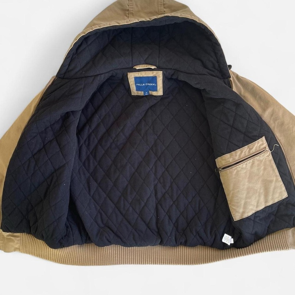 Vintage Falls Creek Tan Canvas Hooded Work Jacket M Workwear Chore Zippered - Picture 5 of 8